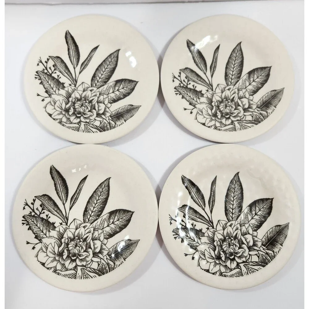 Demdaco Dessert Plates Set of 4- Black & White Floral Brand 6.24'